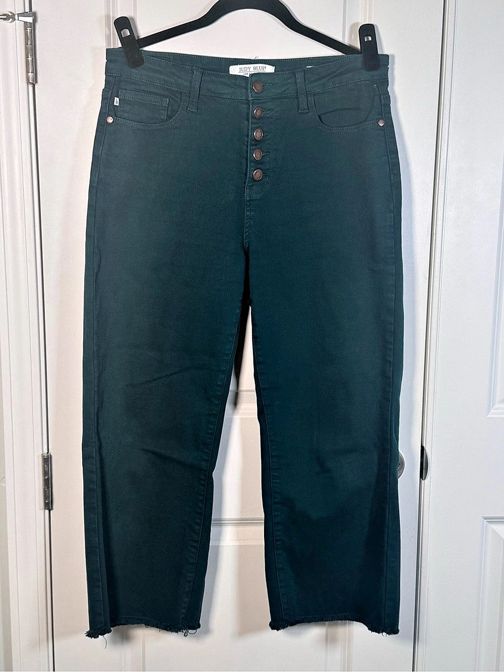 Judy Blue Jeans 11/30 Teal Green High Rise Wide Leg Crop Button Fly Raw Hem
